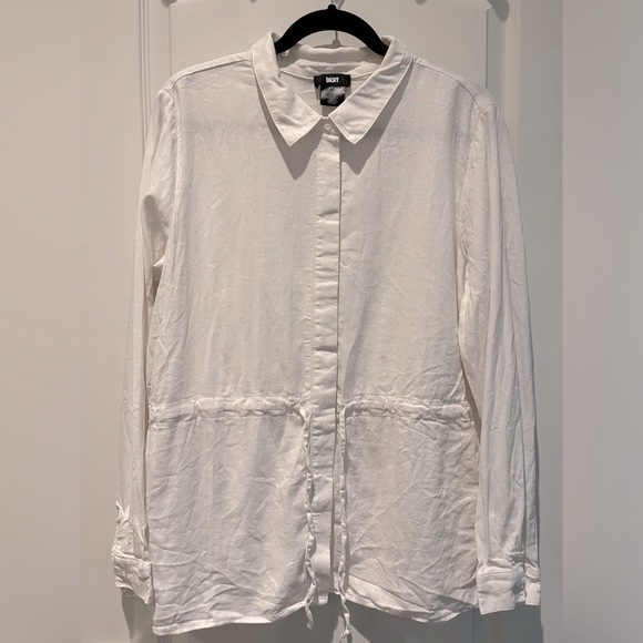 DKNY White Button Down Cinch Tie Waist Linen Shirt - Picture 3 of 6